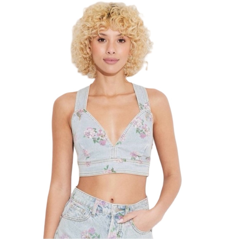 NWT Wild Fable Womens Crop Top Light Wash Denim Blue Jean Pink Floral Stretch L